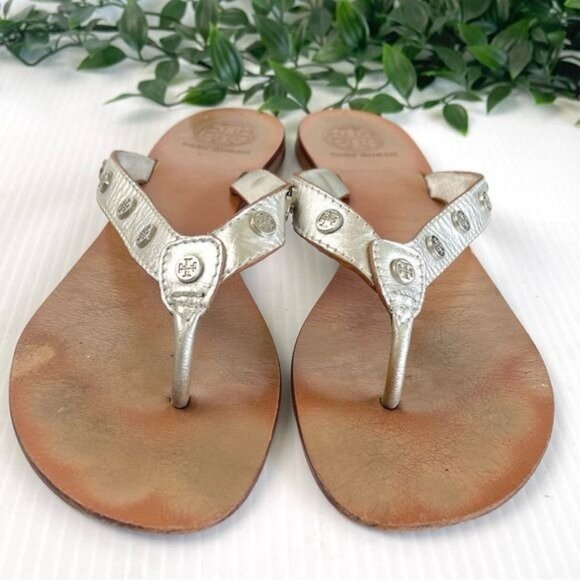 Tory Burch Ricki Studded Sandals Thong Flip Flops Grey Leather Flats 10 - Picture 5 of 9